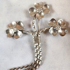 Sterling Silver Hand Wrought Large Dogwood Floral Brooch
